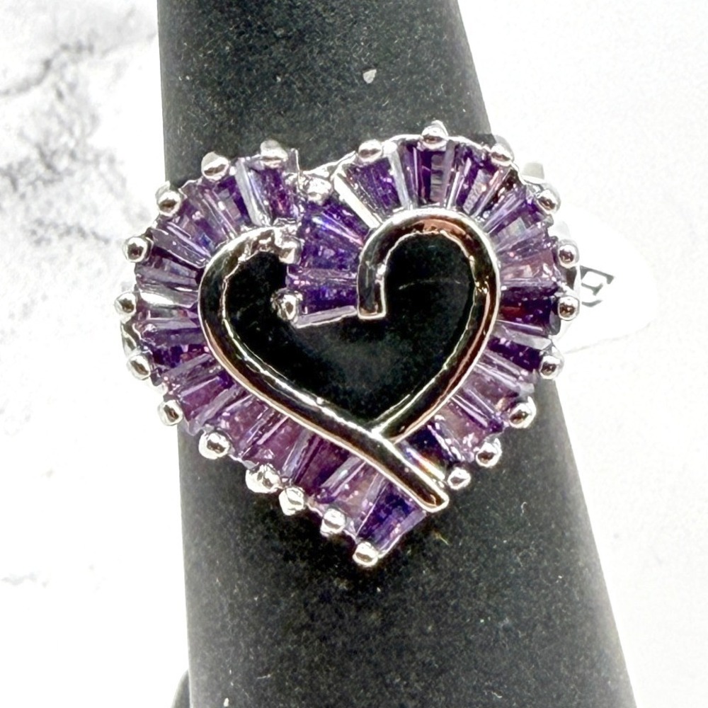 Purple Glass Heart Ring Gothic Baguette Halo Stainless Steel Size 5